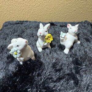 Vintage Ceramic Bunny Figurines With Flowers & Butterfly Spring Decor Set Of 3